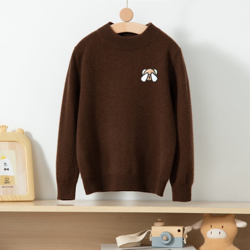 Boys And Girls Crew Neck Pure Cashmere Sweater Embroidery Bear Brown 100