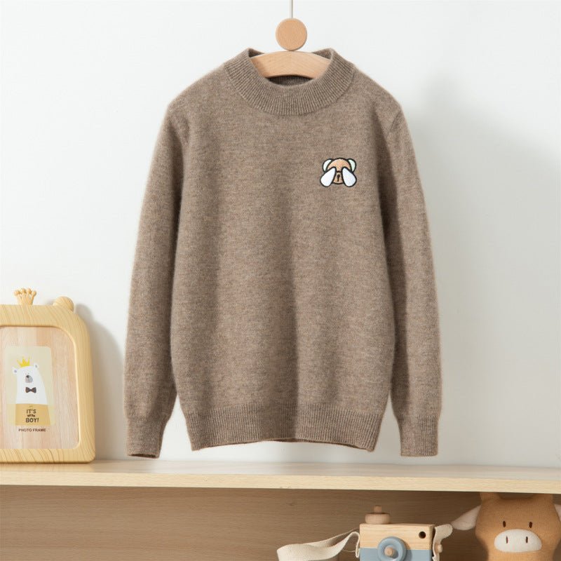Boys And Girls Crew Neck Pure Cashmere Sweater Embroidery Bear Taupe 100