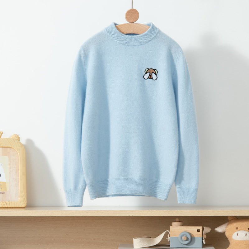 Boys And Girls Crew Neck Pure Cashmere Sweater Embroidery Bear Blue 100