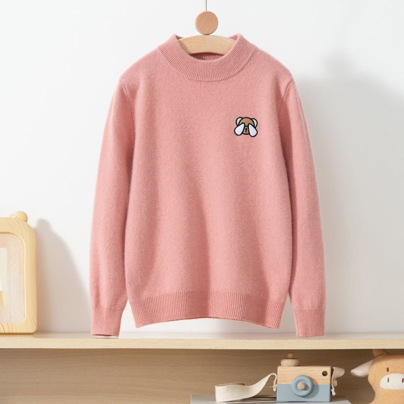 Boys And Girls Crew Neck Pure Cashmere Sweater Embroidery Bear Pink 100