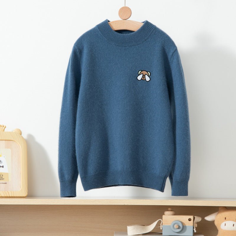 Boys And Girls Crew Neck Pure Cashmere Sweater Embroidery Bear Haze Blue 100
