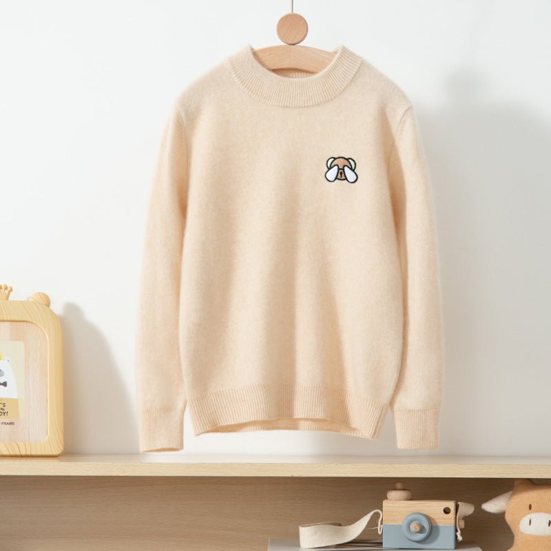 Boys And Girls Crew Neck Pure Cashmere Sweater Embroidery Bear Beige 100