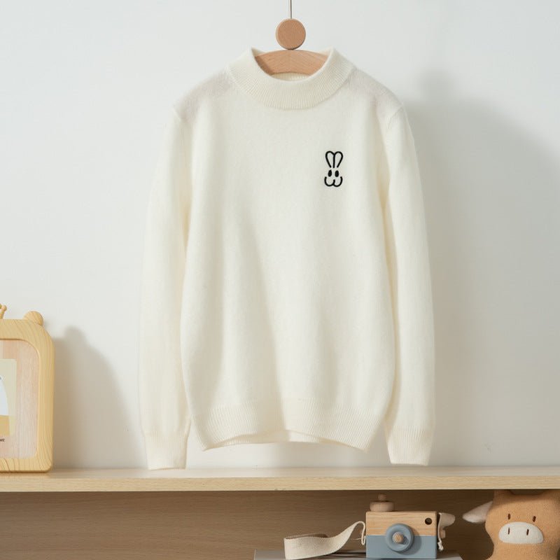 Kids Cashmere Sweater With Embroidered Bunny Crew Neck Pullover Ivory 100