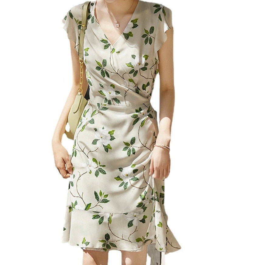 Camellia Womens Silk Floral Dress Mulberry Silk Wrap Dress with Ruffle Sleeves Ivory XS