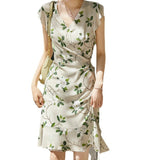 Camellia Womens Silk Floral Dress Mulberry Silk Wrap Dress with Ruffle Sleeves Ivory XS