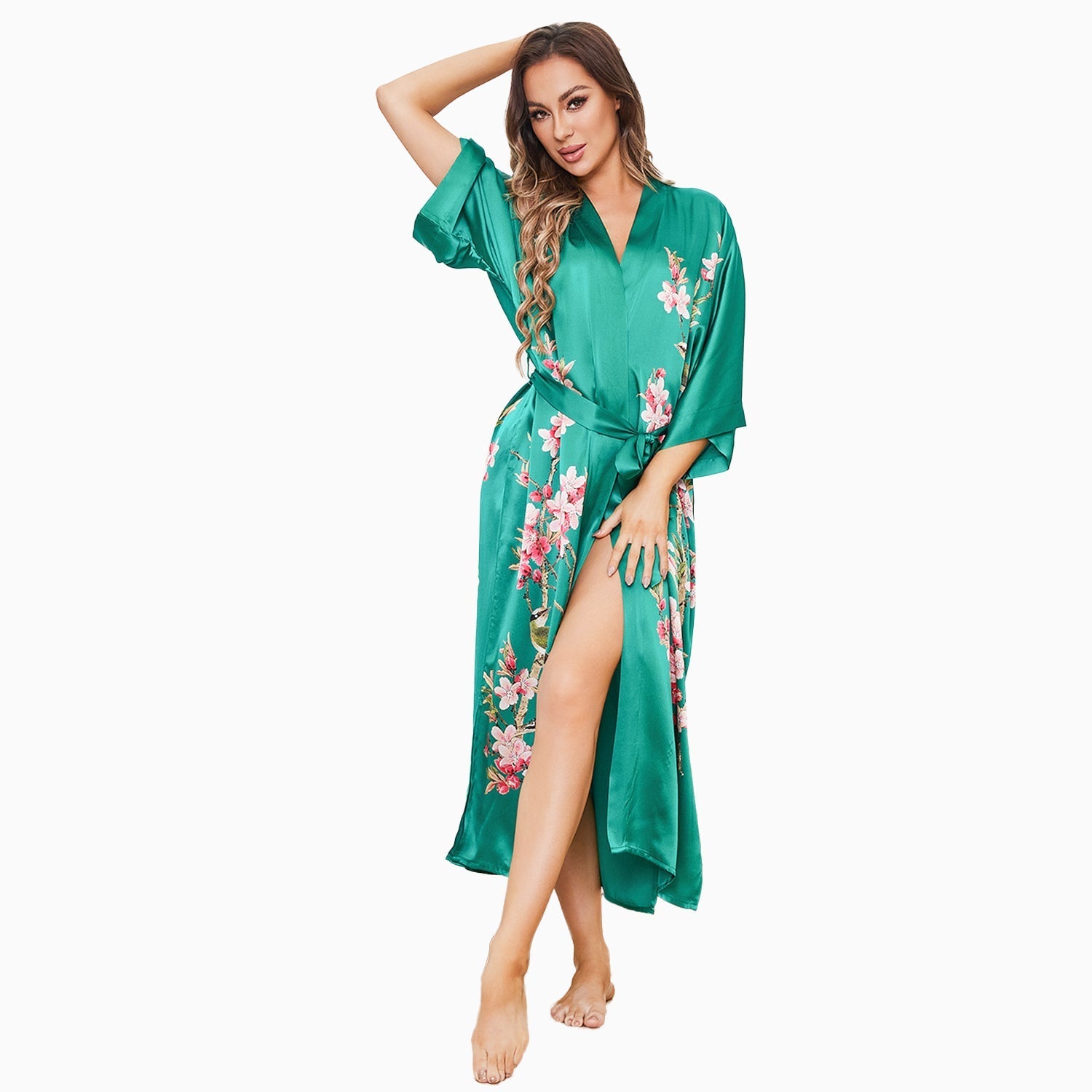 Cherry Blossom And Birds Print 100% Long Silk Kimono Robe