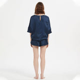 Classic Round Necked Half Sleeves Short Silk Pajamas Set Navy Blue S
