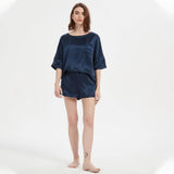 Classic Round Necked Half Sleeves Short Silk Pajamas Set Navy Blue S