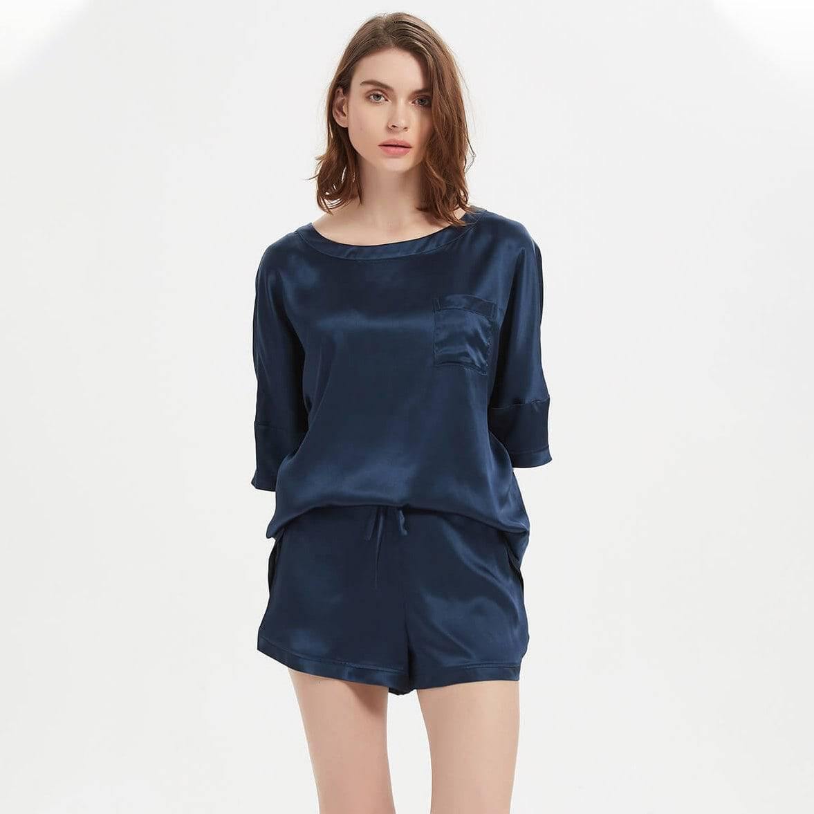 Classic Round Necked Half Sleeves Short Silk Pajamas Set Navy Blue S