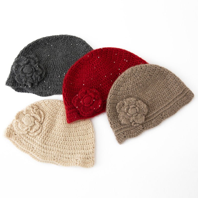 Crochet Knit Cashmere Hat with Sequins Flower Cashmere Blend Beanie