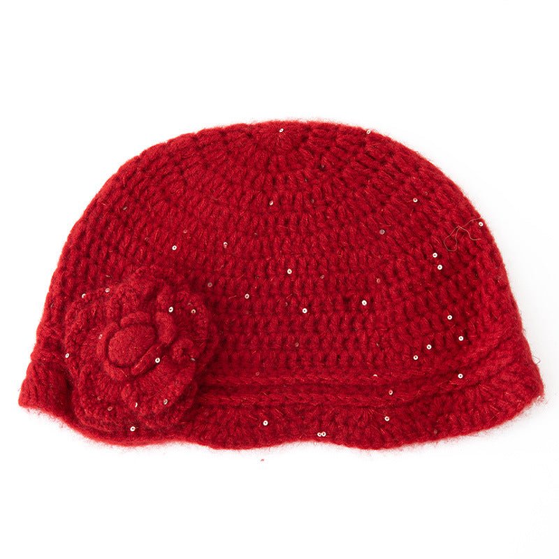 Crochet Knit Cashmere Hat with Sequins Flower Cashmere Blend Beanie