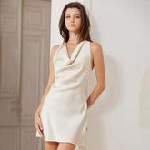 Elegant Ivory Cowl Neck Silk Mini Dress Short Silk Dress