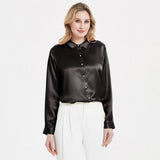 Elegant Womens Pearl Buckle Silk Blouse Silk Long Sleeves Shirt