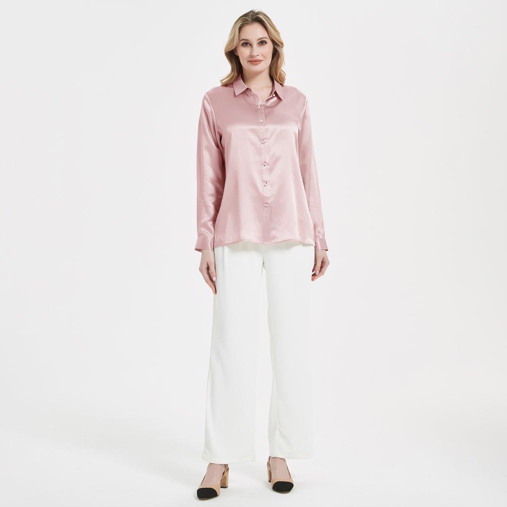 Elegant Womens Pearl Buckle Silk Blouse Silk Long Sleeves Shirt