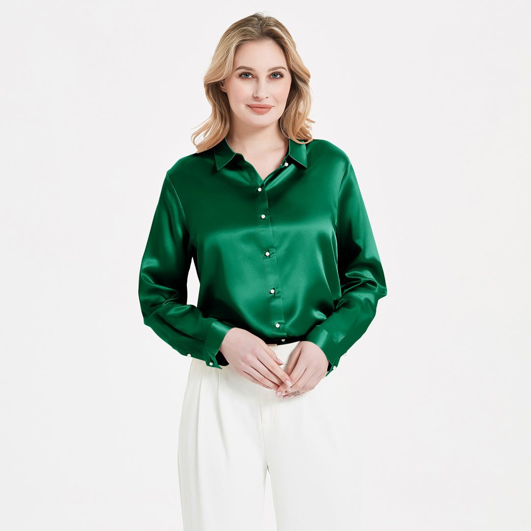 Elegant Womens Pearl Buckle Silk Blouse Silk Long Sleeves Shirt