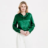 Elegant Womens Pearl Buckle Silk Blouse Silk Long Sleeves Shirt