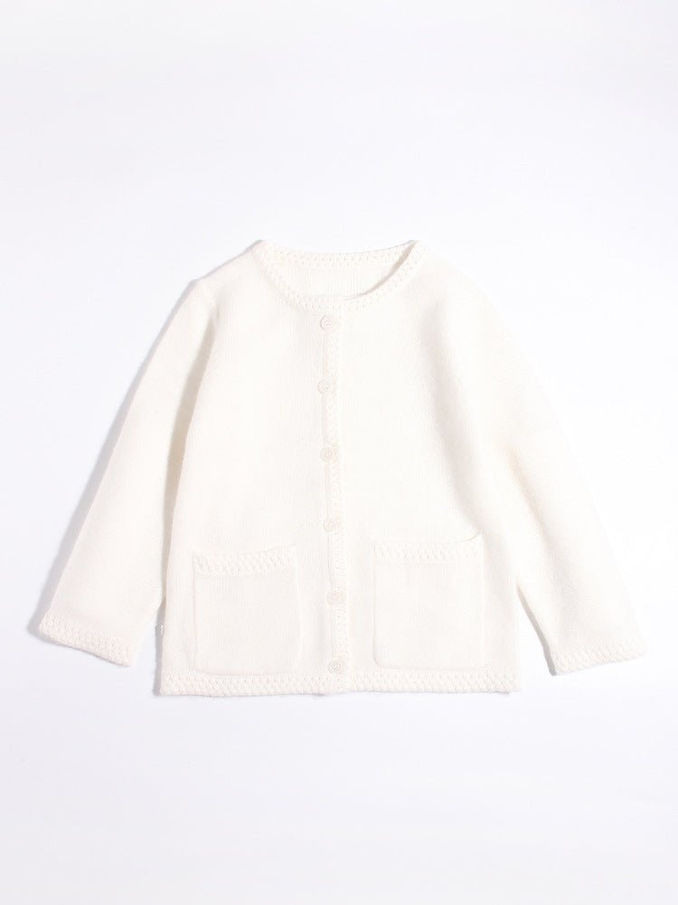 Girls 100% Cashmere Cardigan Front Pockets Kids Cashmere Sweater Ivory 90