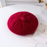 Girls Floral Knit Cashmere Beret Soft Winter Cashmere Hat for Kids