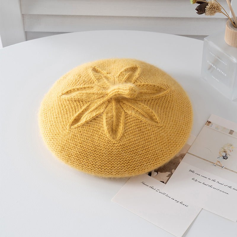 Girls Floral Knit Cashmere Beret Soft Winter Cashmere Hat for Kids