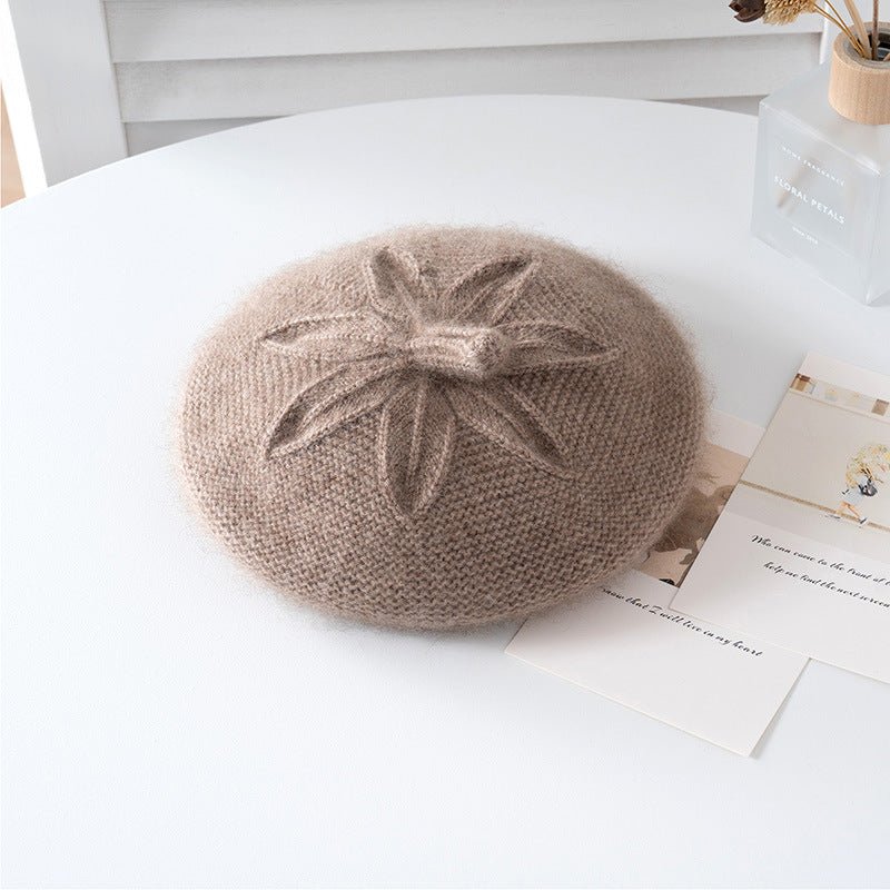Girls Floral Knit Cashmere Beret Soft Winter Cashmere Hat for Kids