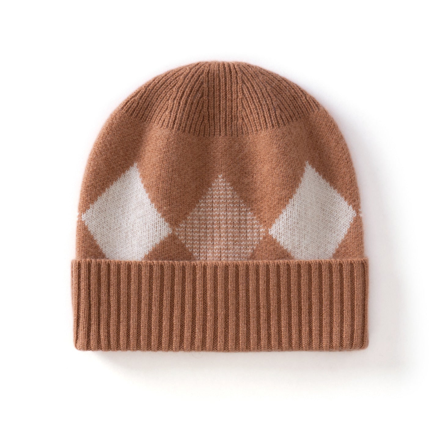 Kids Argyle Cashmere Beanie Hat Ribbed Edge Cashmere Beanie with Diamond Pattern
