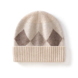 Kids Argyle Cashmere Beanie Hat Ribbed Edge Cashmere Beanie with Diamond Pattern
