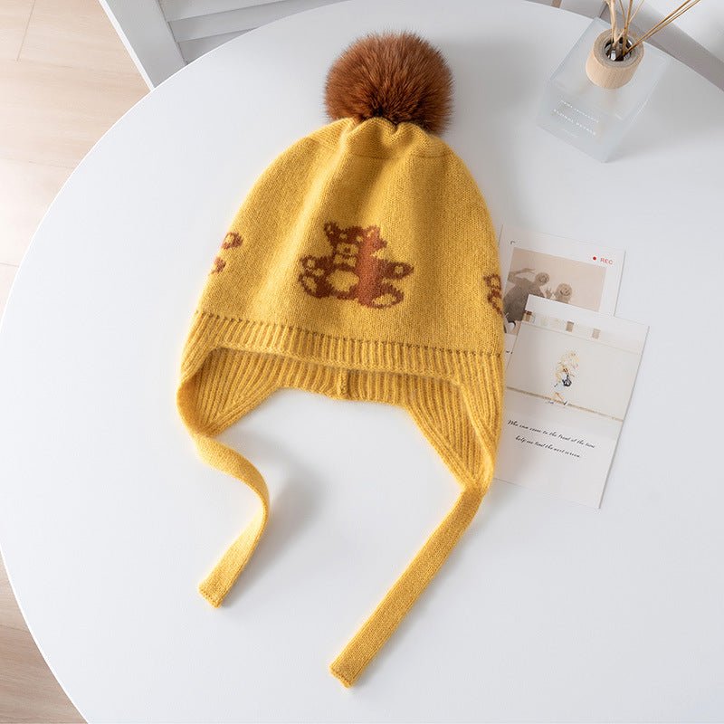 Kids Cashmere Knit Earflap Hat With Pom And Teddy Bear Cashmere Beanie