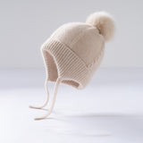 Kids Cashmere Knit Hat with Earflaps and Ties Pom - Pom Cashmere Beanie