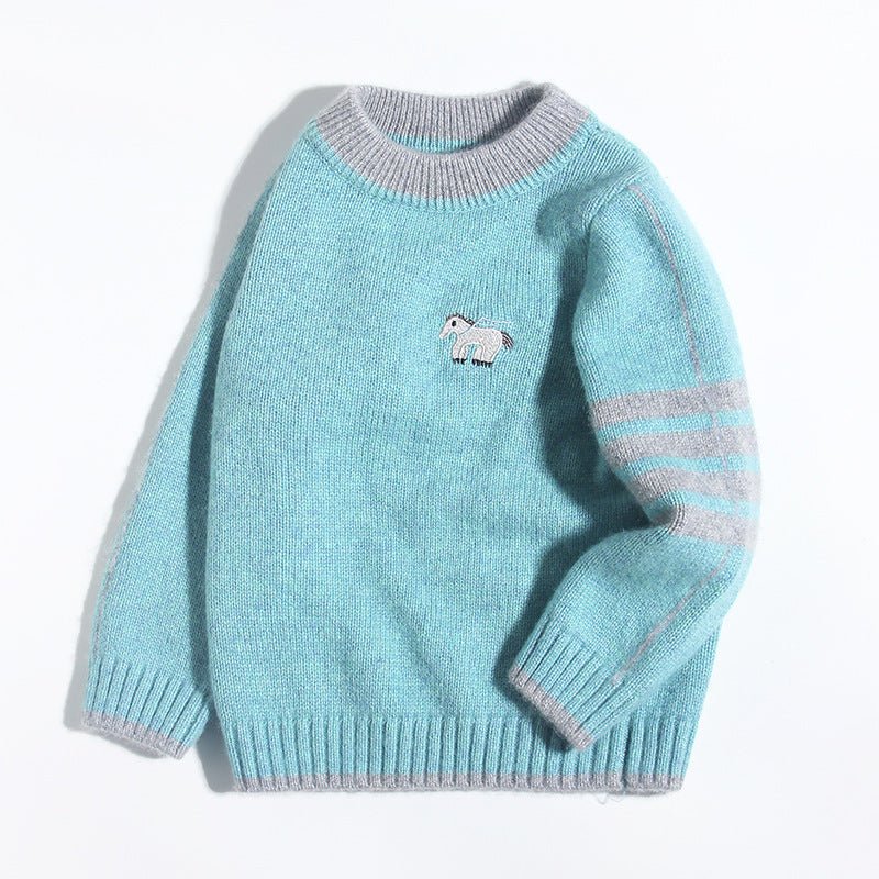 Kids Crew Neck Cashmere Sweater Animal and Graphic Designs Cashmere Pullover Blue 90