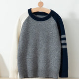 Kids Pure Cashmere Color Block Sweater Long Sleeve Soft Knit Pullover Navy Blue 100