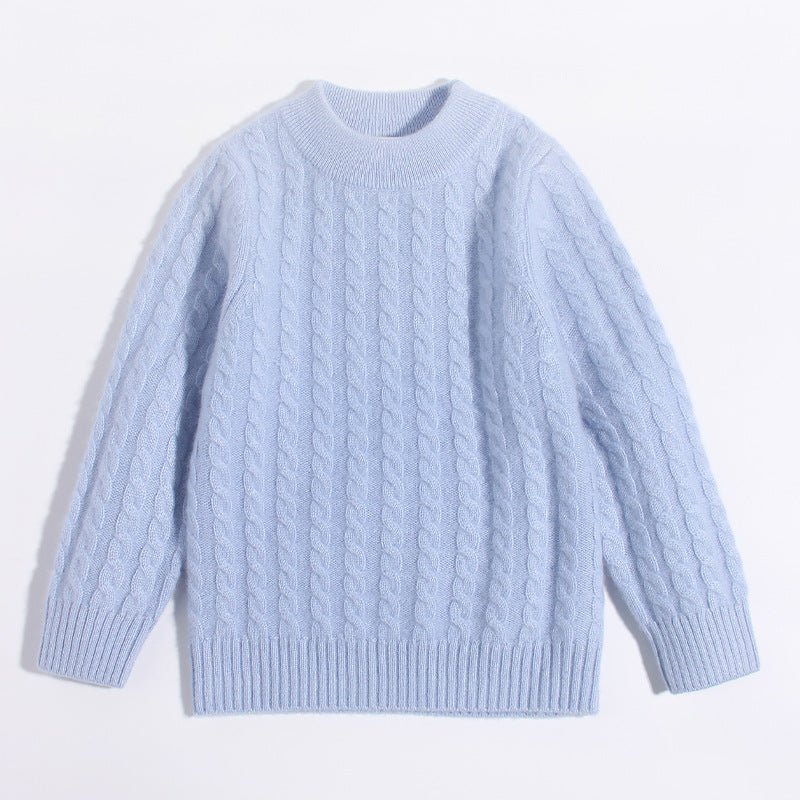 Kids Crew Neck Pure Cashmere Sweater Cable Knitted Cashmere Sweater Blue 90