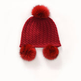 Kids Cute Cashmere Beanie with Real Fur Poms Knit Cashmere Hat