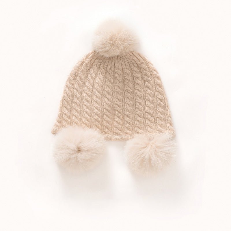 Kids Cute Cashmere Beanie with Real Fur Poms Knit Cashmere Hat