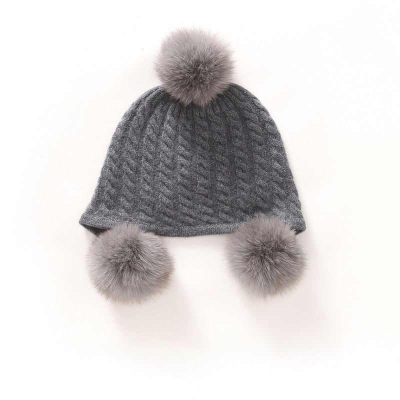 Kids Cute Cashmere Beanie with Real Fur Poms Knit Cashmere Hat