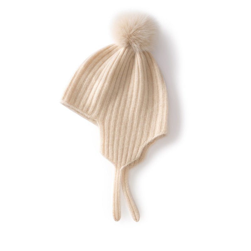Kids Ribbed Cashmere Hat with Earflaps and Fluffy Pom Cashmere Knit Cap