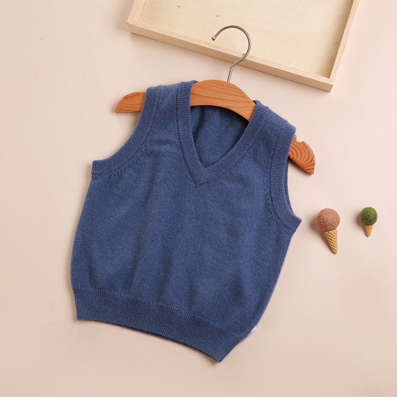 Kids V Neck Cashmere Sweater Sleeveless Cashmere Vest Ribbing Hem Blue 90
