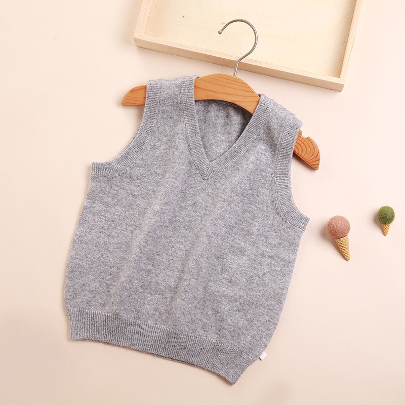 Kids V Neck Cashmere Sweater Sleeveless Cashmere Vest Ribbing Hem Light Gray 80