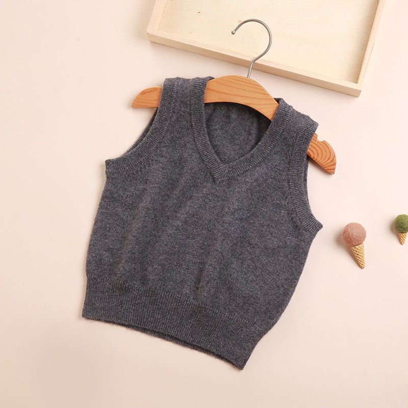 Kids V Neck Cashmere Sweater Sleeveless Cashmere Vest Ribbing Hem Dark Grey 80