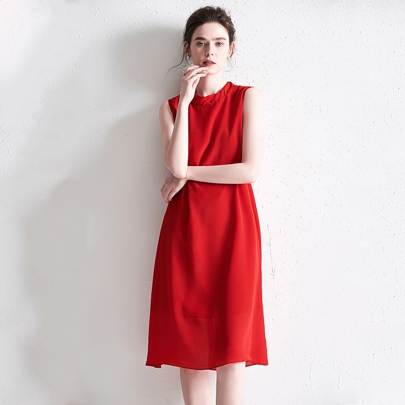 Ladies Red Sleeveless Dress Pure Color Silk Dress 100% Pure Mulberry Silk Dresses