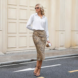 Leopard Print Silk Midi Skirt for Women High Waist Silk Dress Silk Pencil Skirt