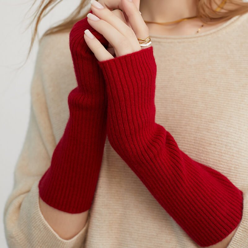 Long Fingerless Gloves Cashmere Ribbed Knit Gloves Wrist Protection Red M