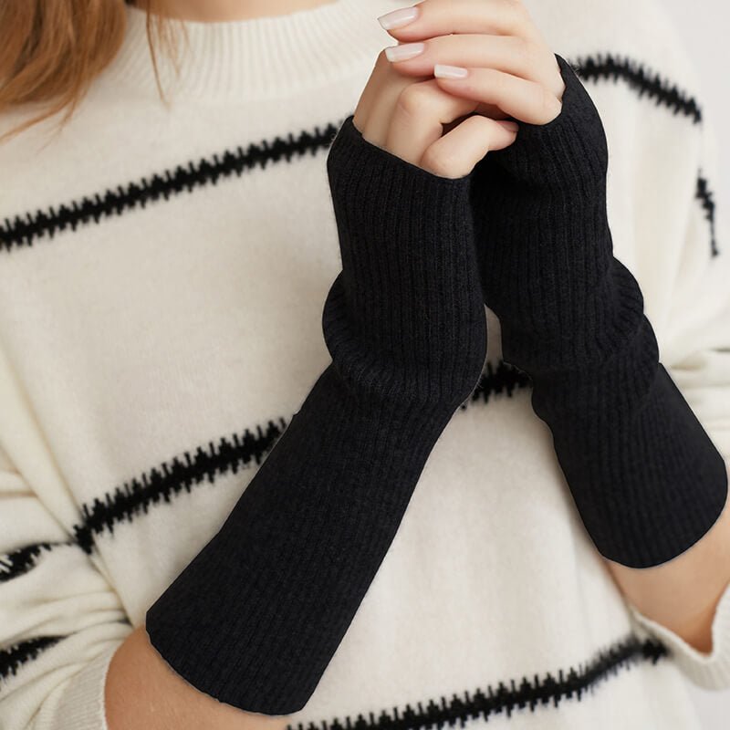 Long Fingerless Gloves Cashmere Ribbed Knit Gloves Wrist Protection Black M