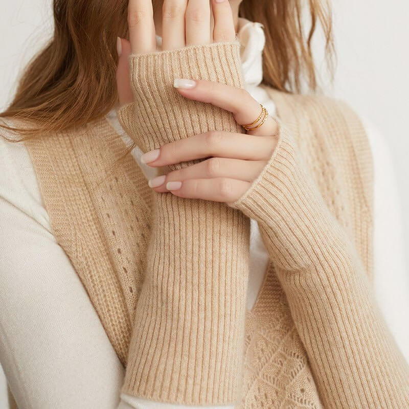 Long Fingerless Gloves Cashmere Ribbed Knit Gloves Wrist Protection Beige M