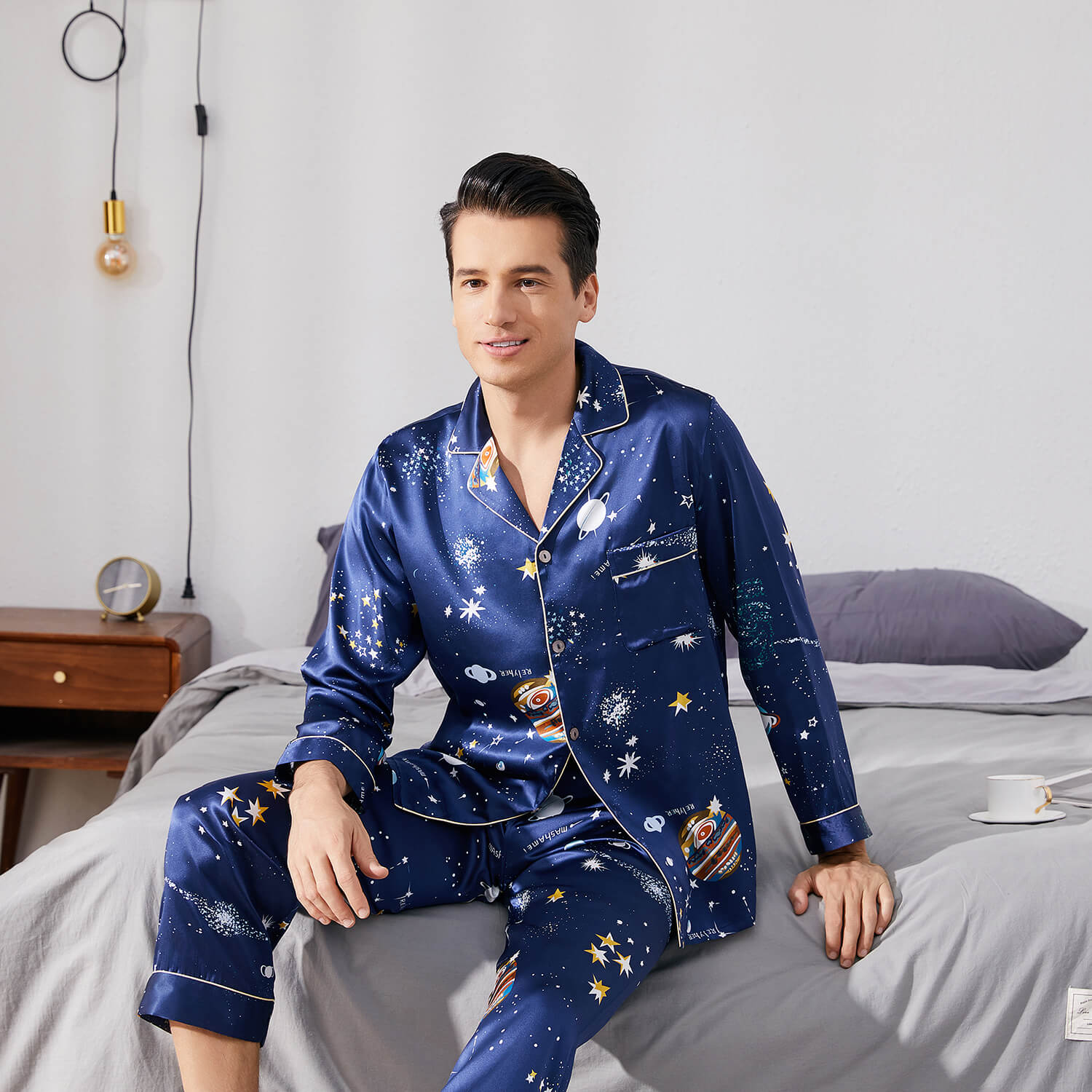 Long Galaxy Print Men Silk Pajama Set Luxury Silk Nightwear