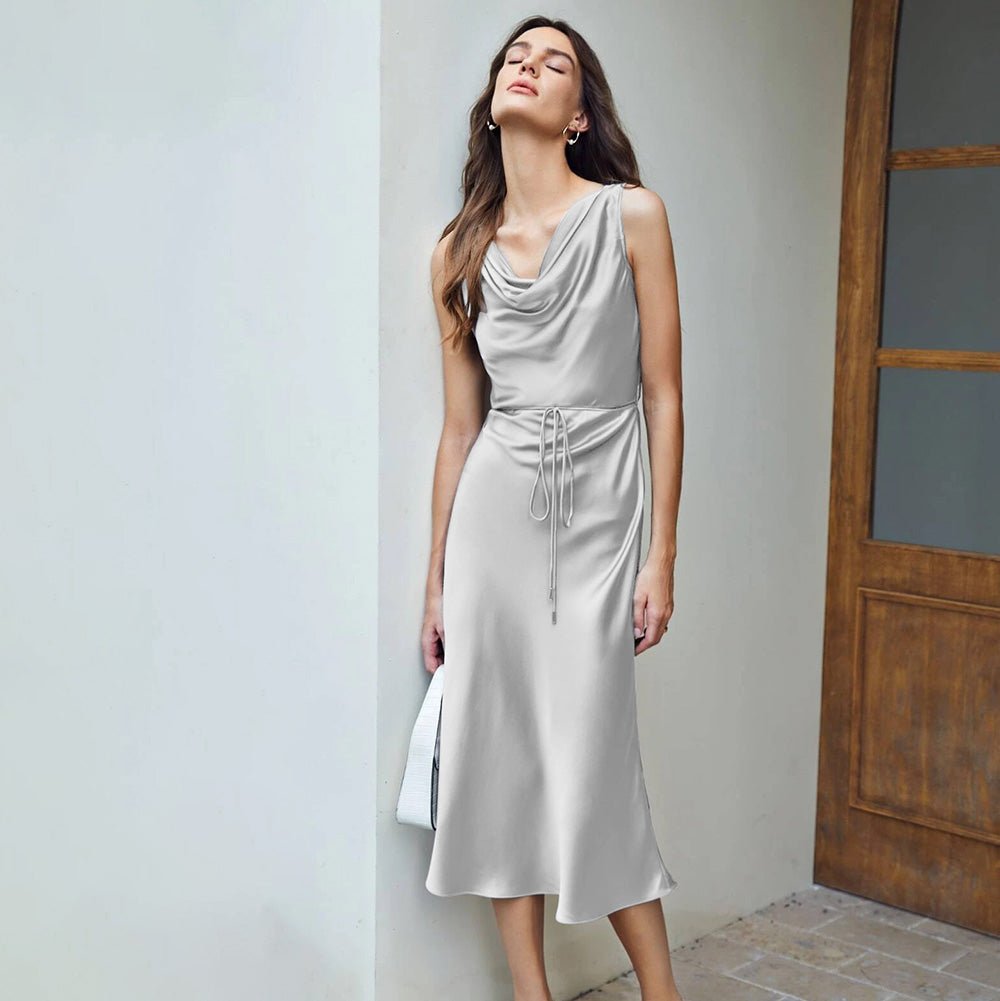 Luxury Silk Dresses Cowl Neck Sleeveless Silk Midi Dress