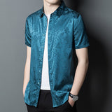 Mens Button Down Silk Shirts Short Sleeve Floral Print Silk Dress Shirt