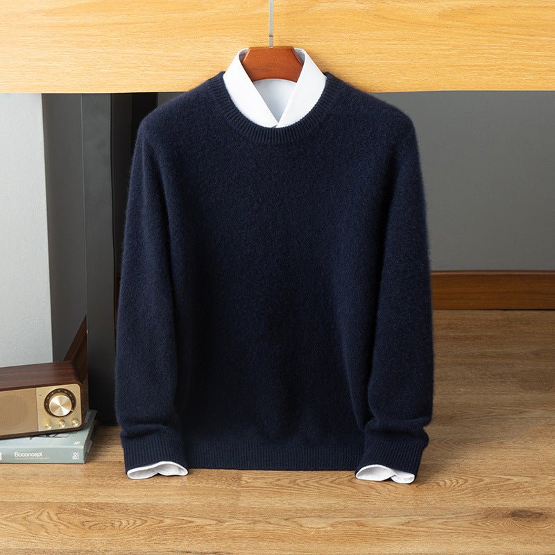 Mens Crew Neck Cashmere Sweater Long Sleeve Ribbed Hem Soft Knit Coat