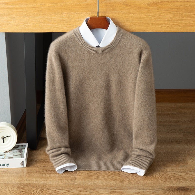 Mens Crew Neck Cashmere Sweater Long Sleeve Ribbed Hem Soft Knit Coat