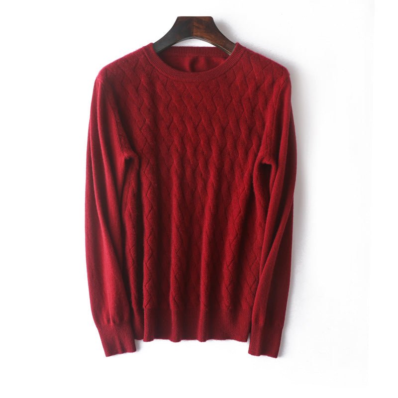 Mens Diamond Knit Cashmere Sweater Crew Neck Long Sleeve Cashmere Pullover Claret XS