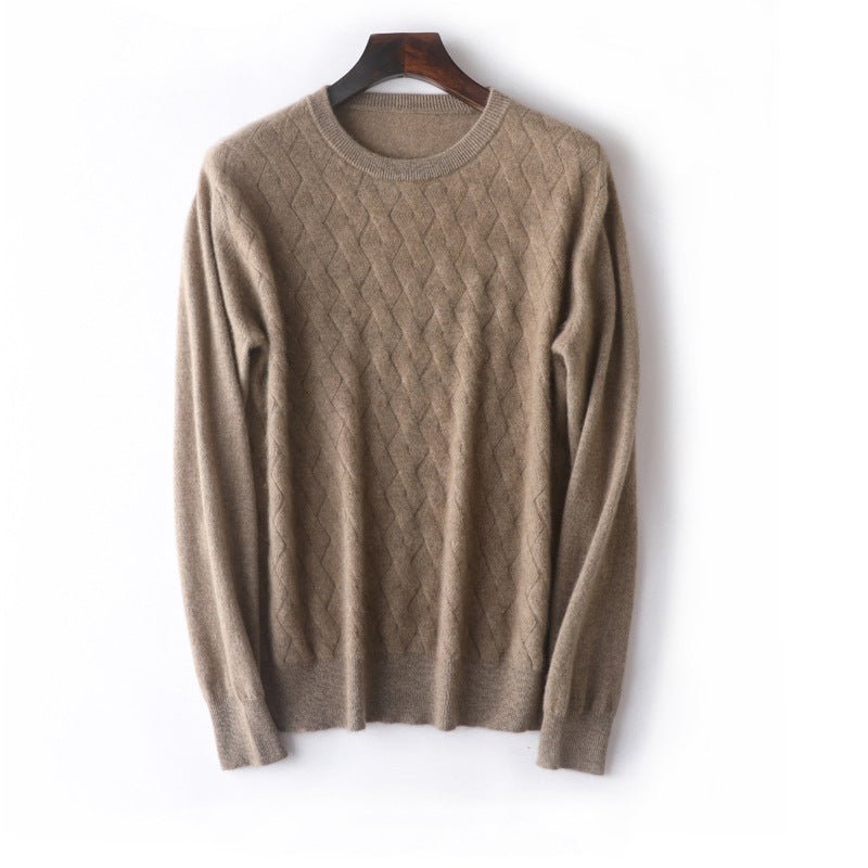 Mens Diamond Knit Cashmere Sweater Crew Neck Long Sleeve Cashmere Pullover Taupe XS
